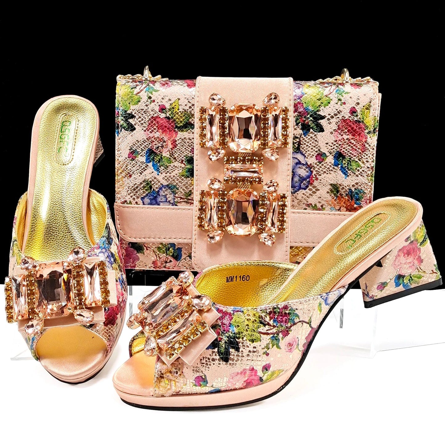 QSGFC Italian Sandals and Bags Matching Set 2024 Women Heel Party for Rose Gold Colour Wedding Bigger Size Thick Heel Shoes