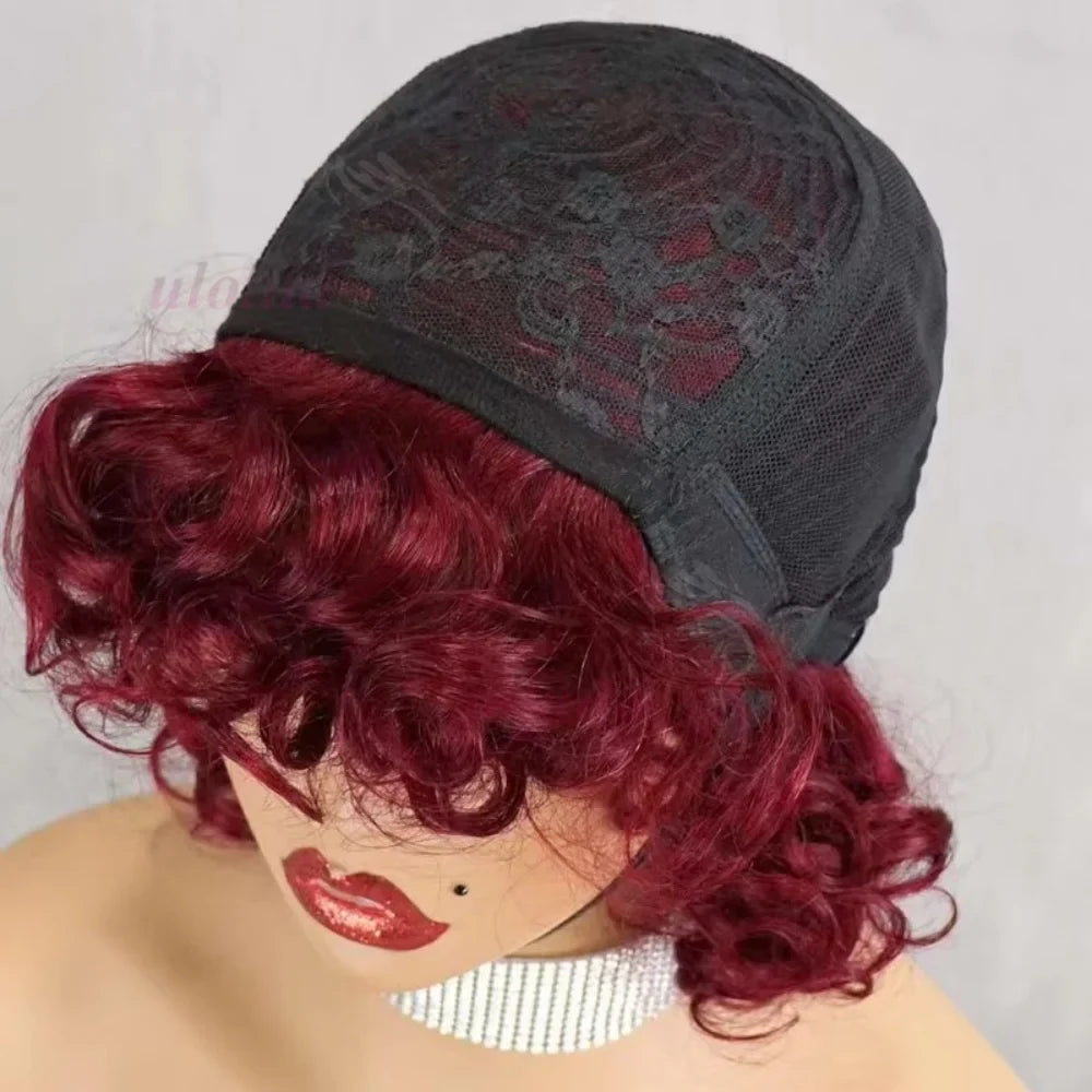 99J burgundy Fumi Curly Bob Wig Bouncy Pixie Cut Wig Highlight Full Machine Egg Curls Curly Human Hair Wigs for Women With Bangs
