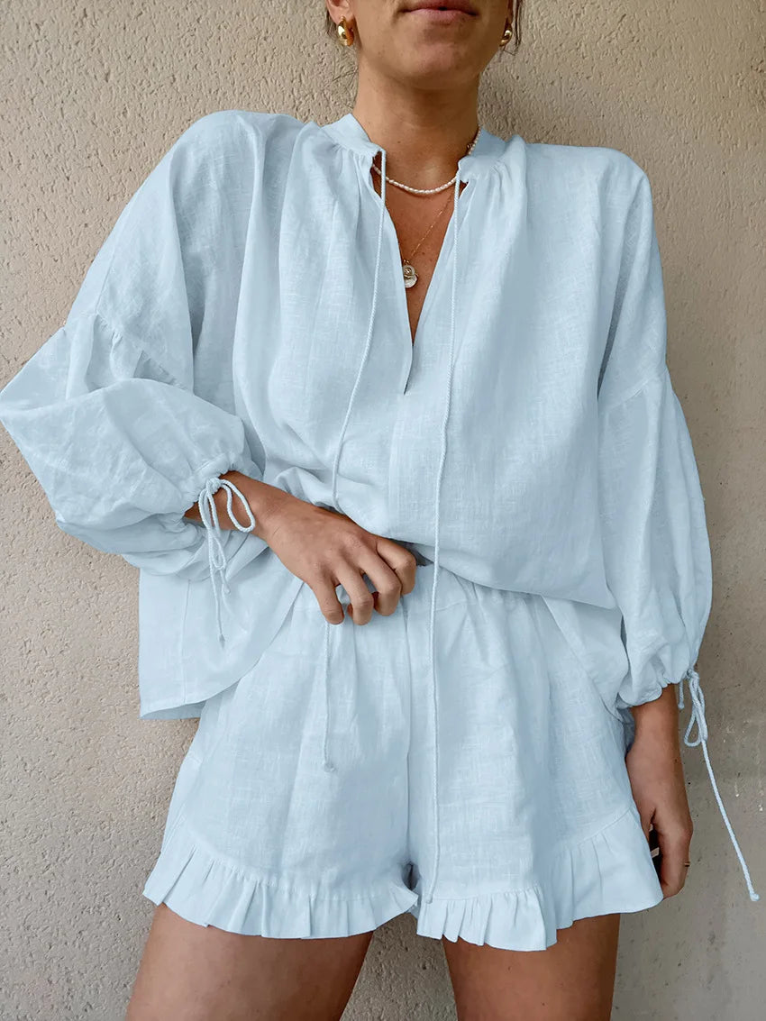 Fashion White Long Sleeve Shirts And Shorts Two Piece Sets Women 2025 Summer Cotton Casual Home 2 Piece Sets Women Outfit