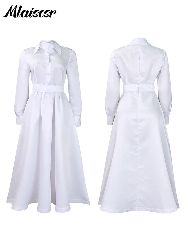 Mlaiscsr Lapel Button A Lint Khaki Mid Dress Women Elegant Office Long Sleeve Bandage Pocket Pleated Birthday Commuter Vestidos