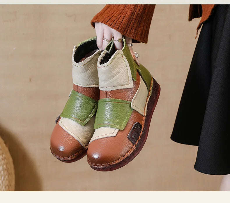 Winter Genuine Leather Flat-soled women shoes Casual shoes women Boots Color Matching Short Boots Warm Comfortable Cotton Shoes