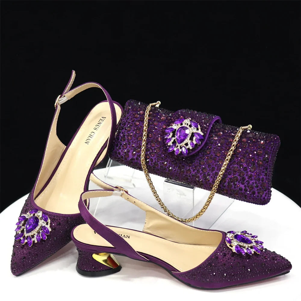 Elegant Women's Low Heels Italian Shoes And Bag Set