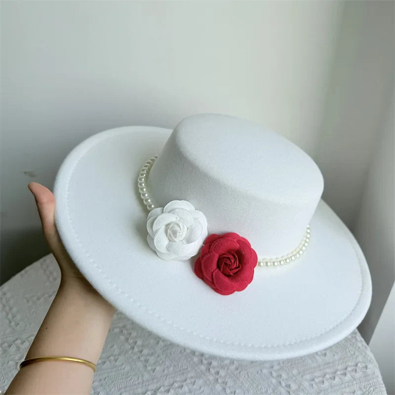 Women's Fashionable Fedora Hat 10CM Wide Brim Flat Top Felt Hats For Wedding And Jazz