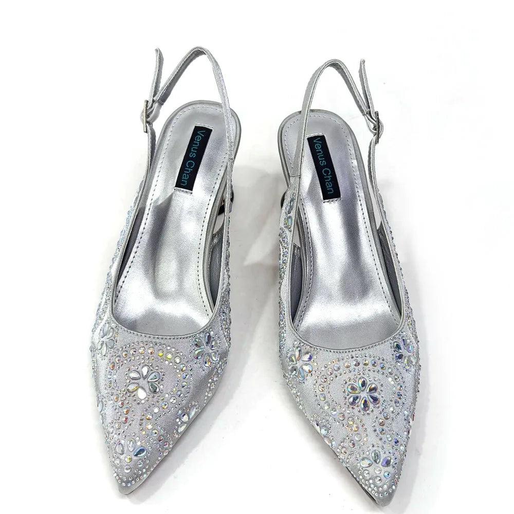 Elegant And Sexy Fuchsia Color High Heels Shoes And Bag With Rhinestone Embellished Toe Is Comfortable Women's Shoes For Party