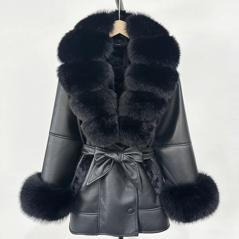 Women's Large Faux Fur Leather Jacket Warm Autumn Winter Outwear High Street Style Thick Warm Fur Turn-Down Collar Single Breasted