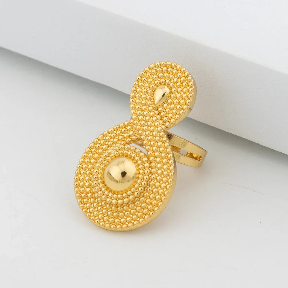 Dubai Gold Color Earrings For Women 18K Gold Plated Ring Set Ethiopian Jewelry Trend  Bride Jewellery Wedding Party Accessories