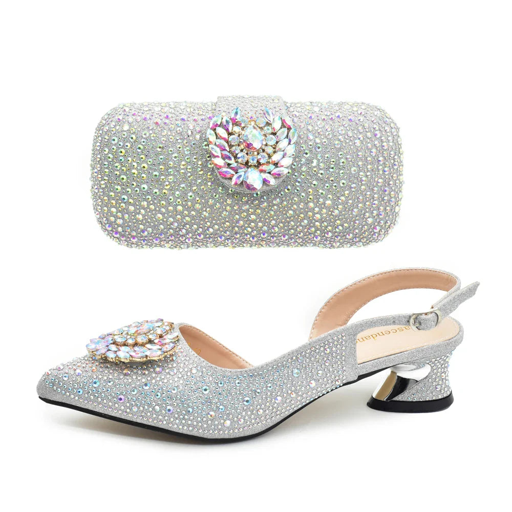 Elegant Italian Women's Rhinstone Pumps Heels Shoes and Bag Set To Match for Weddings and Party
