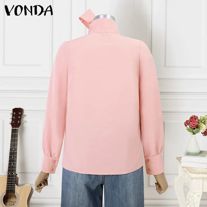 Plus Size 5XL VONDA Elegant Blouses Women Tops Streetwear Solid Color Casual Bow Collar Blusas 2024 Female Long Sleeve Shirts