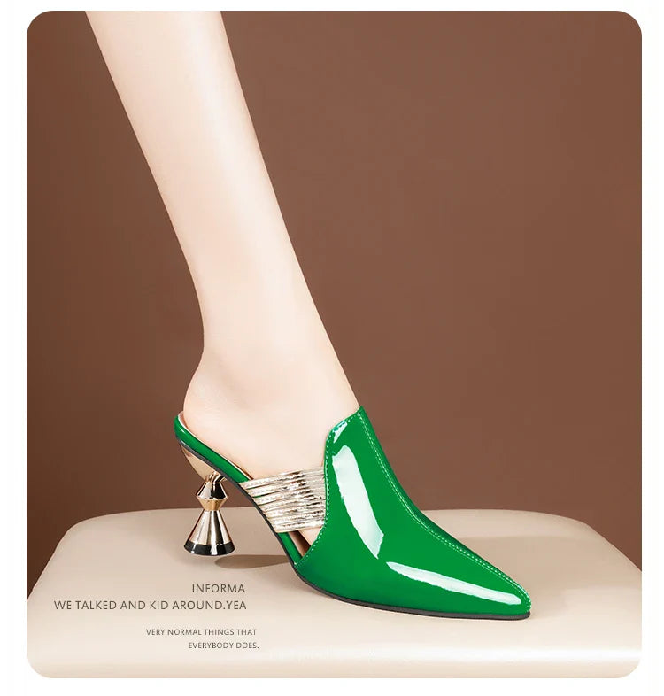 High Heel Slippers Pointed Toe Shoes Woman Elegant Mules Shoes Women Black Green Metal Heel Outdoors Womens Slippers Big Size