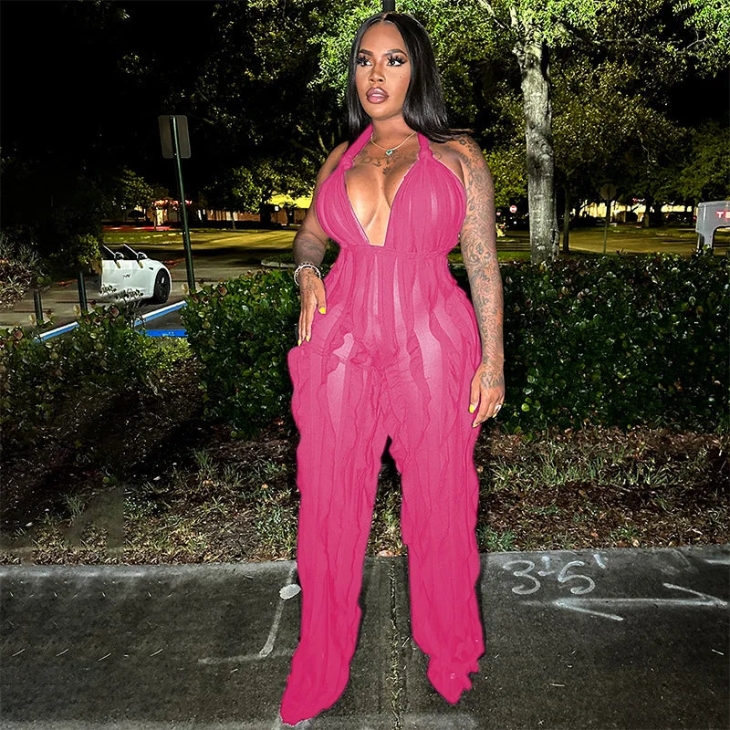 CM.YAYA Fashion Women Wave Ruffles Halter Deep V-neck Backless Sleeveless Wide Leg Jumpsuit 2023 Sexy Party Club Romper Playsuit