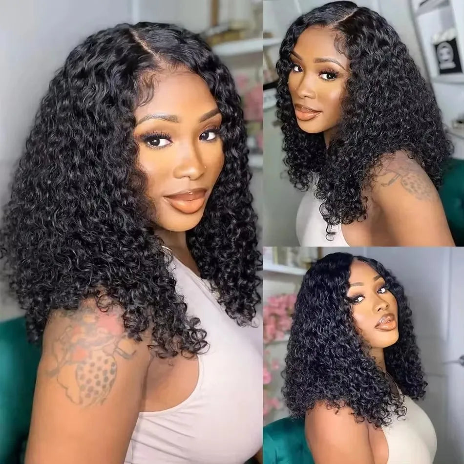 Natural Black Color Short Bob Cut 13X4  Lace Frontal Synthetic Wig For Women Deep Curly Preplucked With Baby Hair Cosplay Daily