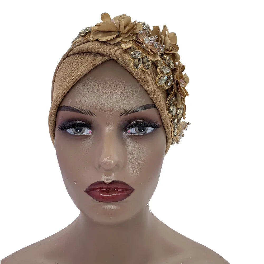 Elegant African Turban Cap with Shiny Rhinestone Ready to Wear Nigeria Auto Gele Headtie Party Women's Head Wrap Bonnet Turbante