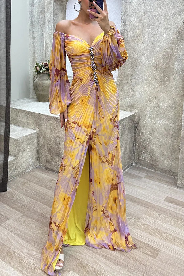 Women Floral Lantern Long Sleeve Dress Elegant Rhinestone Off Shoulder Maxi Dresses Sexy Deep V-neck  Waist Split Parties Dress