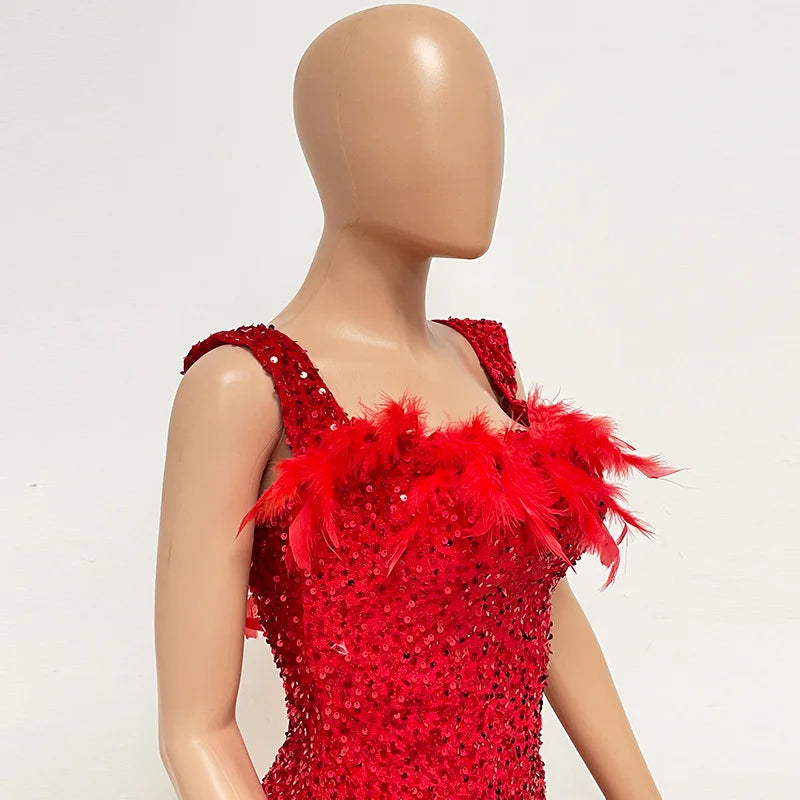 Spring And Summer Women's Clothing MINI Short Solid Color New Wind Sequins Halter Beach Dress One-word Shoulder Feathers Spice G