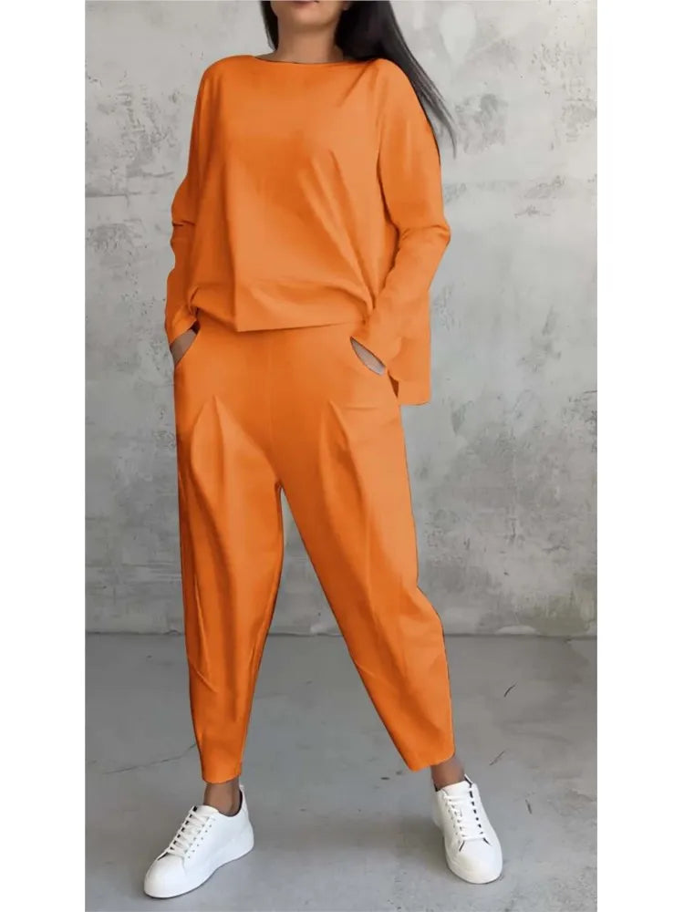 Spring Autumn Solid Women's Sports Set New Fashion Long Sleeve Irregular Loose Top Harem Pants Two Piece Set For Women Outfits