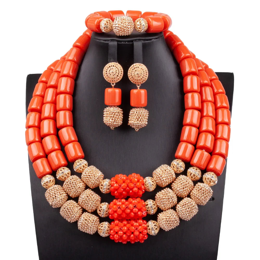 Fabulous Artificial Coral Wedding African Beads Jewelry  Luxury Bride Costume Statement Necklace Jewelry