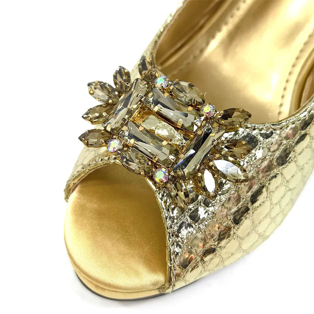Women's Open Toe Heels Fashionable Rhinestone Decoration Shoe and Bag Set