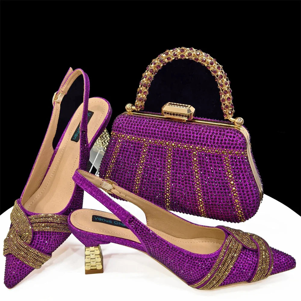 Venus Chan Black Hollow Design With Pointed Shoes And Fashion Three-Dimensional Bag Cozy Rhinestones Are Suitable For Parties