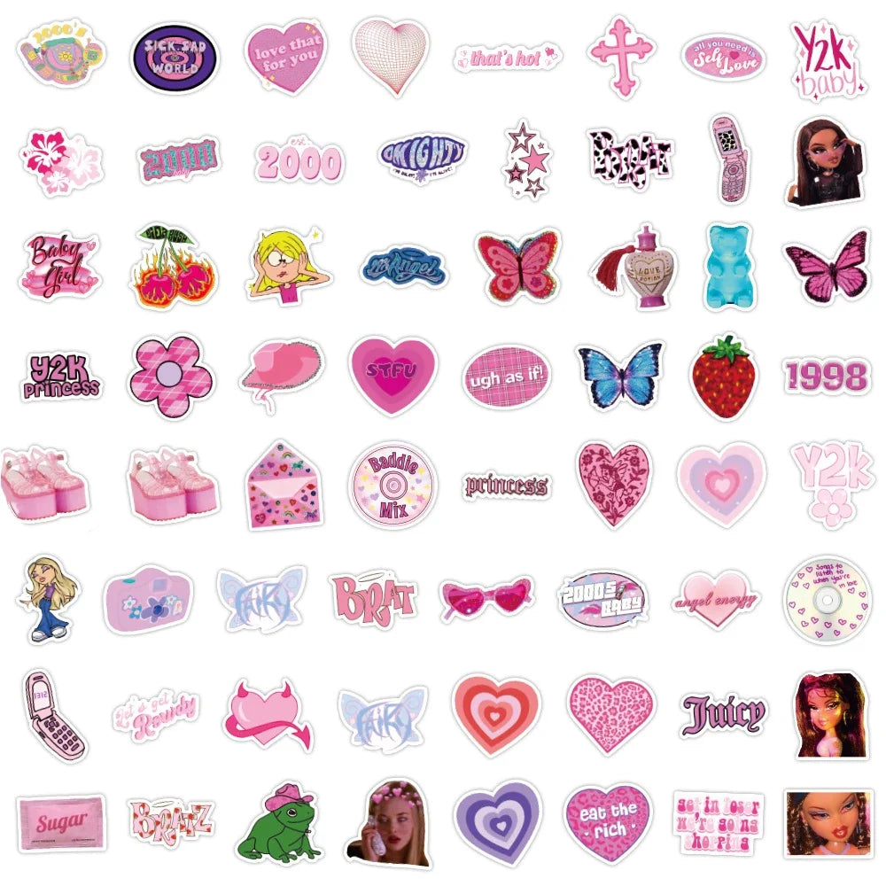 Cute Pink Y2K Aesthetic Stickers Pack - Kawaii Vinyl Decals for Laptop, Water Bottle, Phone Case & Skateboard (10/30/60 Pcs)