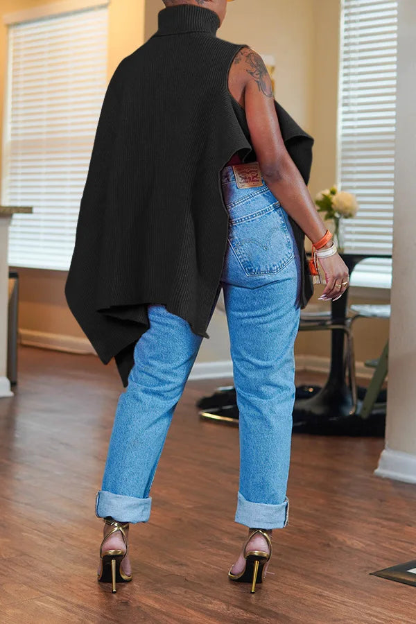 CM.YAYA Elegant Women Winter 2025 Streetwear One Long Sleeve Asymmetrical Turtleneck INS Pullovers Sweater Casual Tops