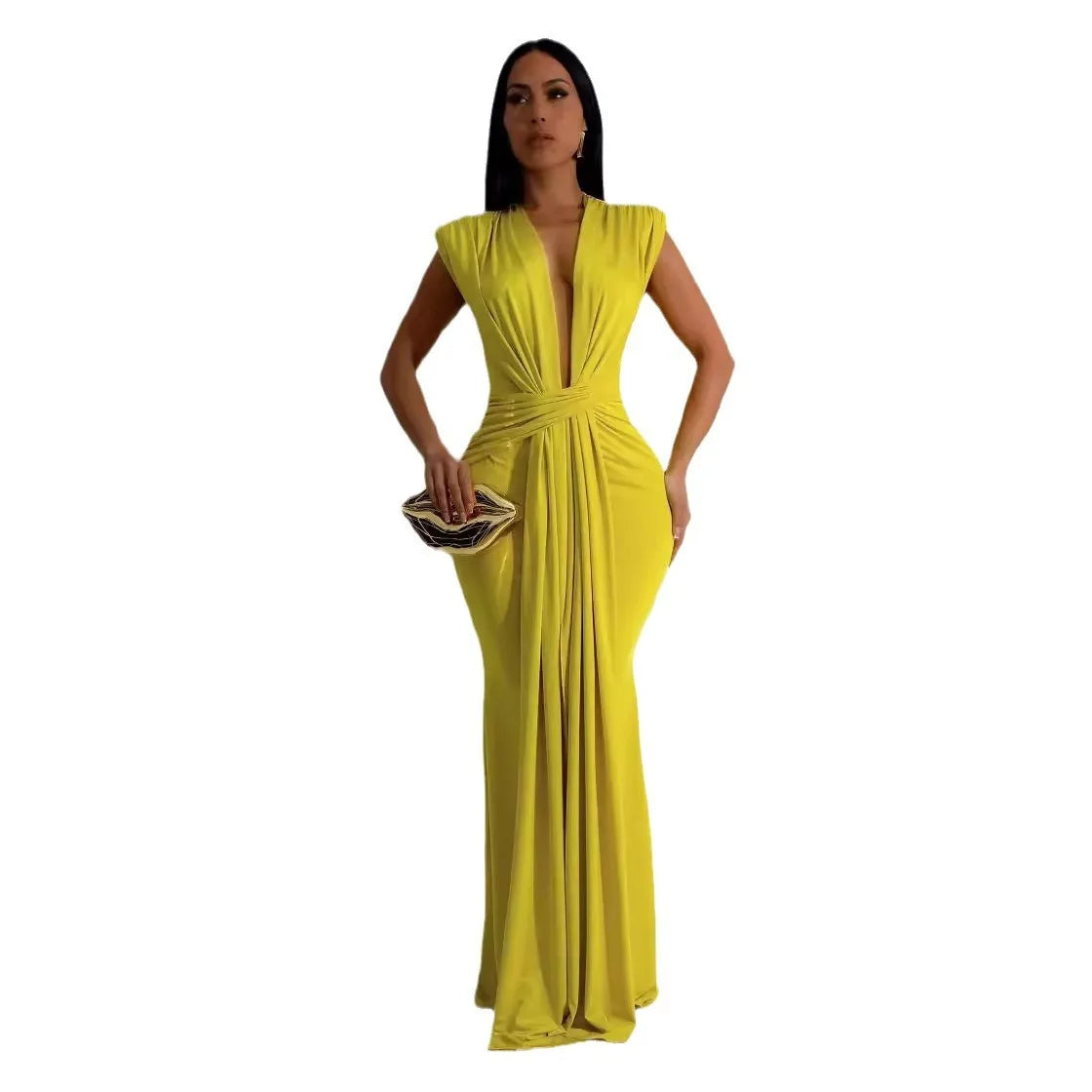 CM.YAYA Women Sleeveless Ruched Deep V-neck Long Maxi Dress 2024 Street Evening Birthday Night Club Party Vestidos Sexy Dresses