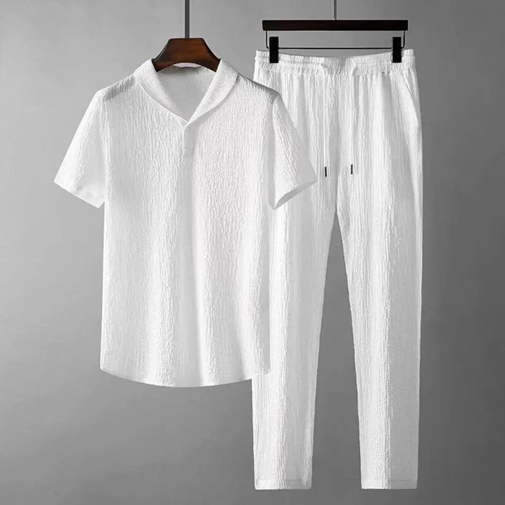 2Pcs/Set Summer Men's Suit Elastic Waistband Pleated Casual Outfit Men Business Short Sleeve Shirts Long Pants Set Male Clothing