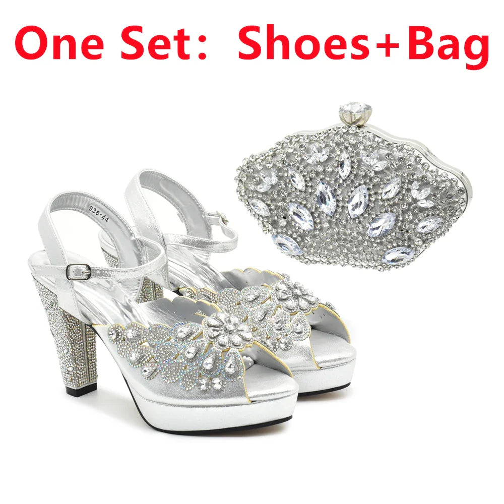 2024 Fashion Black Color High Quality Peep Toe Thin Heels Shoes Matching Bag Set for Nigerian Party Women Women Shoe Size 43