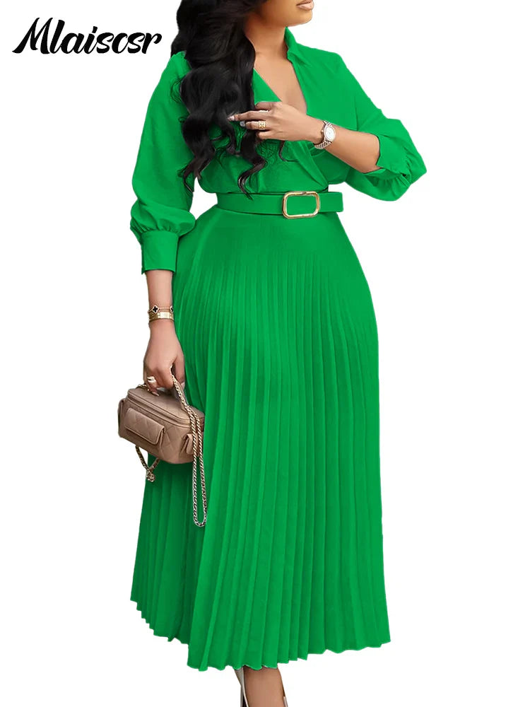 Mlaiscsr Purple Fashion Belt V-Neck Long Sleeve A-Line Pleated Dress Women Elegant Slim Evening Party Club Vestidos African Robe