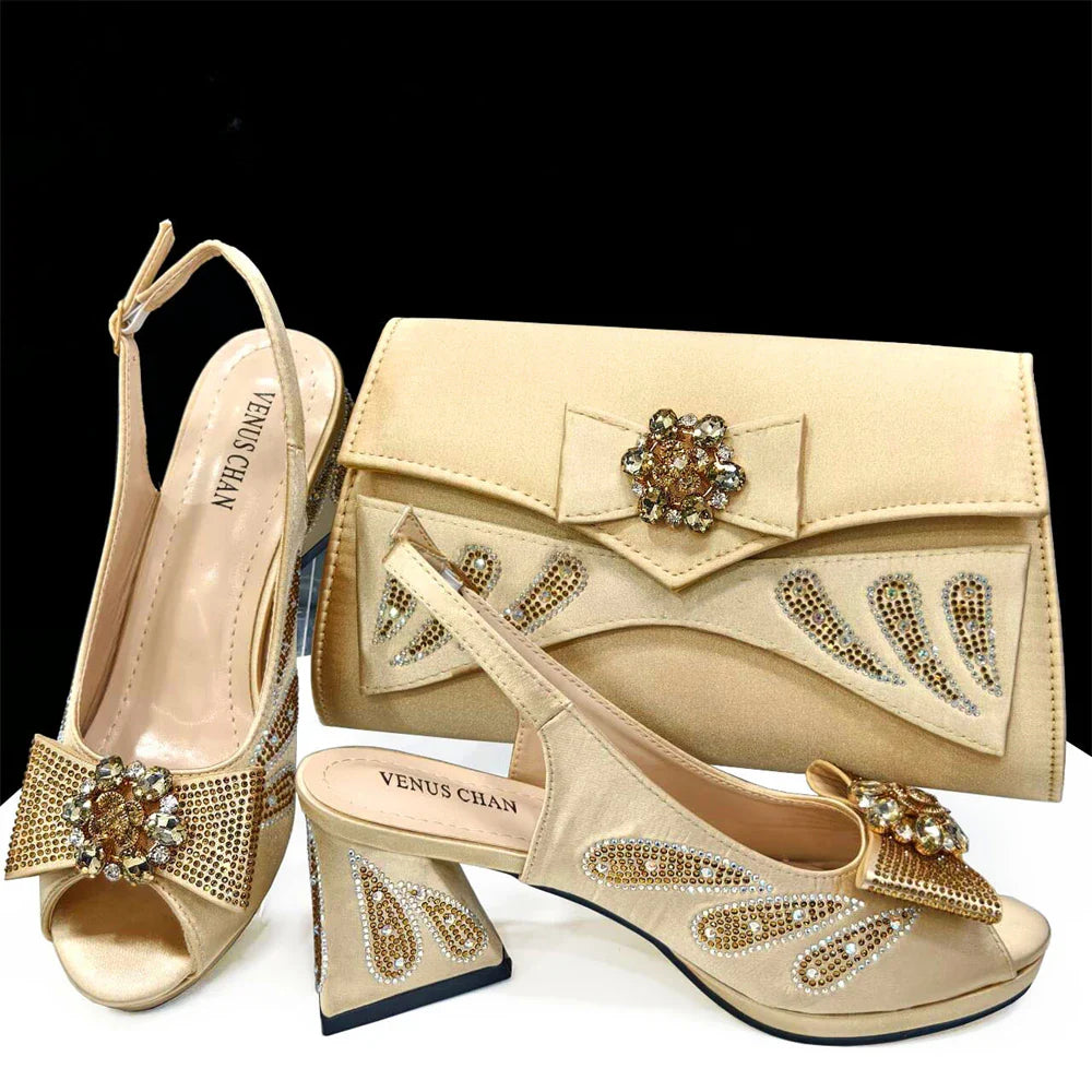 Venus Chan-Italian Shoes and Bags Matching Set for Women Bow Rhinestones Peep Toe High Heels Purple Color Nigerian Party 2024