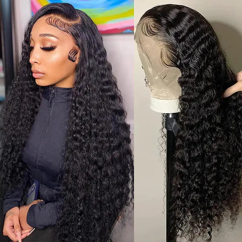 200 Density 13x4 13x6 HD Transparent Swiss Deep Wave Lace Frontal Front Wig for Women Remy Human Hair Natural Black