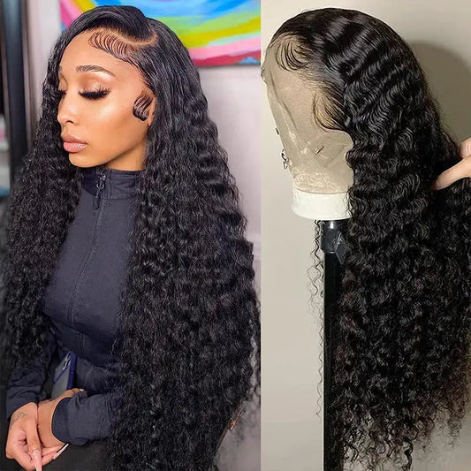 200 Density 13x4 13x6 HD Transparent Swiss Deep Wave Lace Frontal Front Wig for Women Remy Human Hair Natural Black