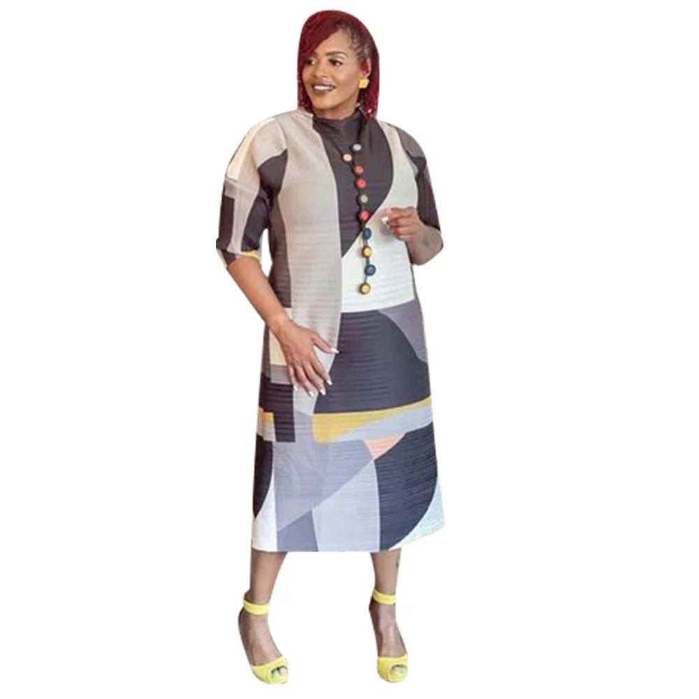 2023 Fashion African 3/4 Sleeve Polyester Plus Size O-Neck Pleated Long Dress Dashiki African Clothes African Dresses for Women