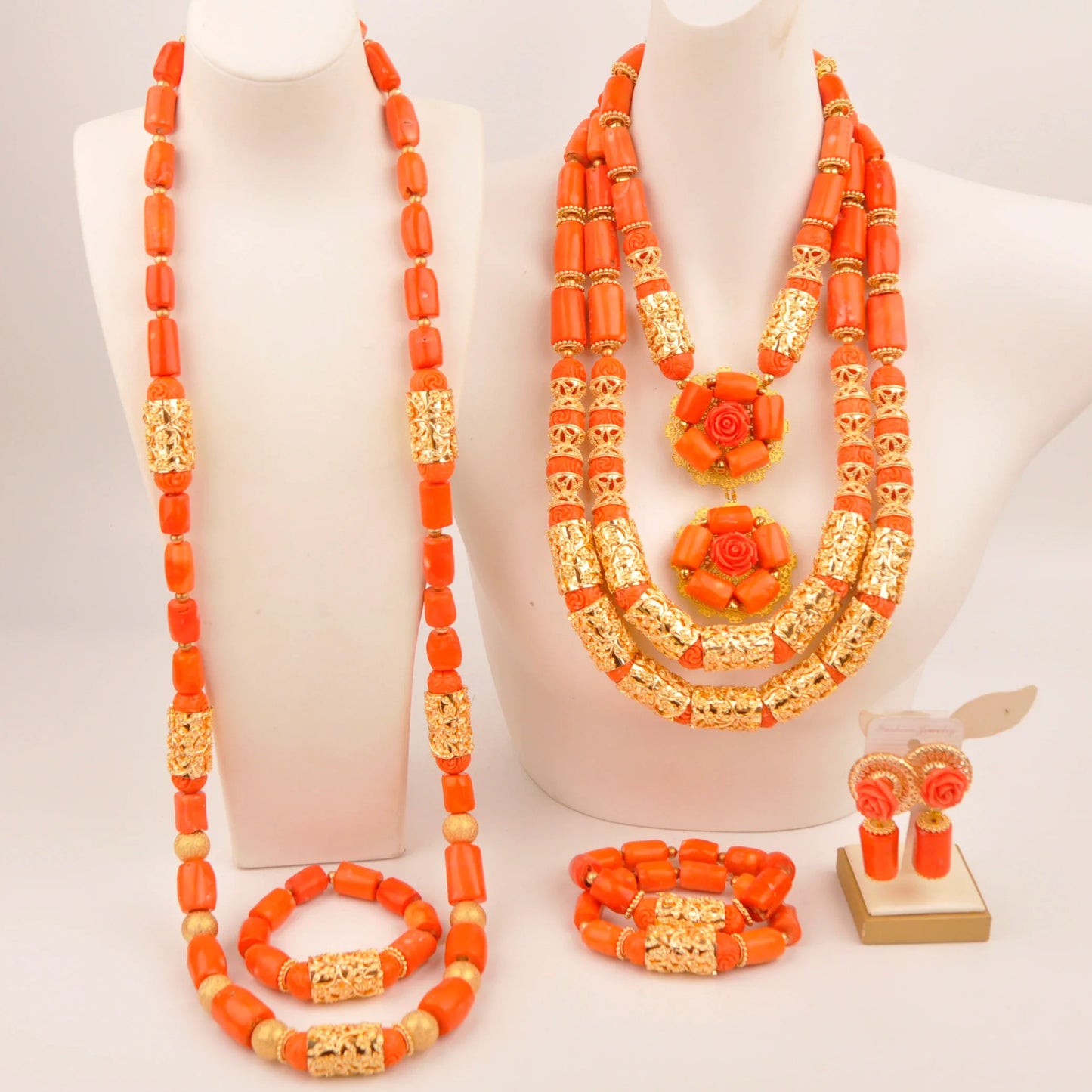 Natural coral beads orange necklace set for stylish Nigerian wedding couple African jewelry