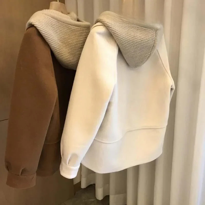 Winter Woolen Coat Women's High-end Feel Knitted Hooded Thickened Top Two-piece Illusion Sweater For Plus-size Women