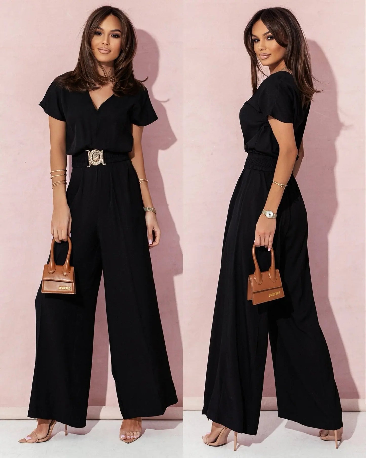 Fashion V-neck Short Sleeve High Waist Jumpsuit Women 2024 Summer Solid Wide Leg Elegant Romper Vintage Jumpsuits Overalls Women