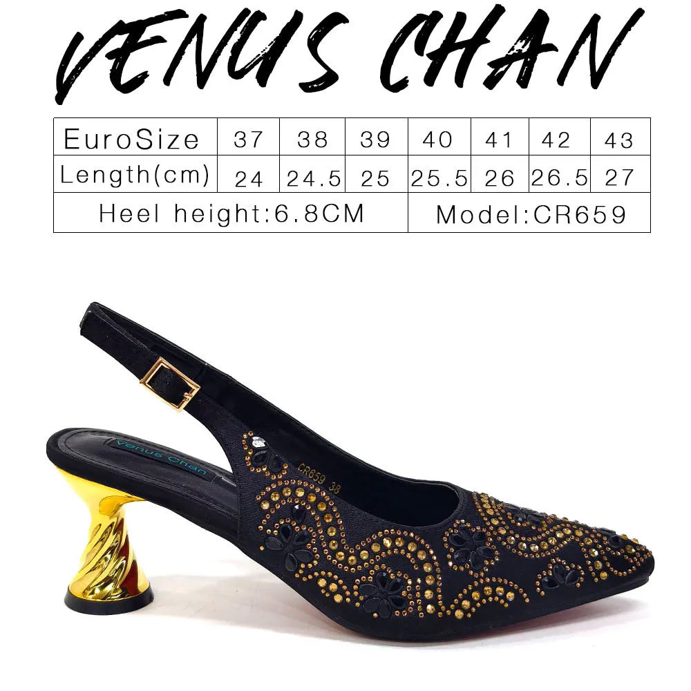 Elegant And Sexy Fuchsia Color High Heels Shoes And Bag With Rhinestone Embellished Toe Is Comfortable Women's Shoes For Party