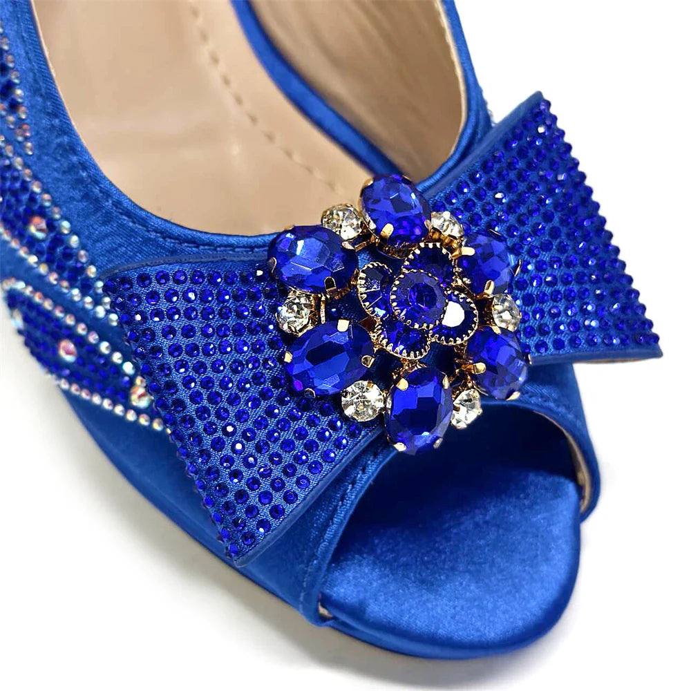 Venus Chan-Italian Shoes and Bags Matching Set for Women Bow Rhinestones Peep Toe High Heels Purple Color Nigerian Party 2024