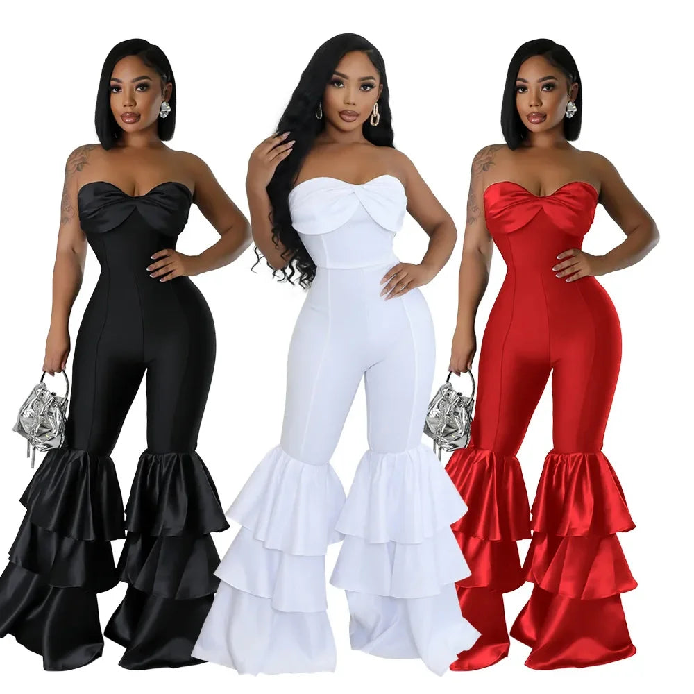 Jumpsuits Strapless Women Sleeveless Sexy Rompers One Piece Overalls Slim Fit Long Pant Ruffles Patchwork Elegant Lady