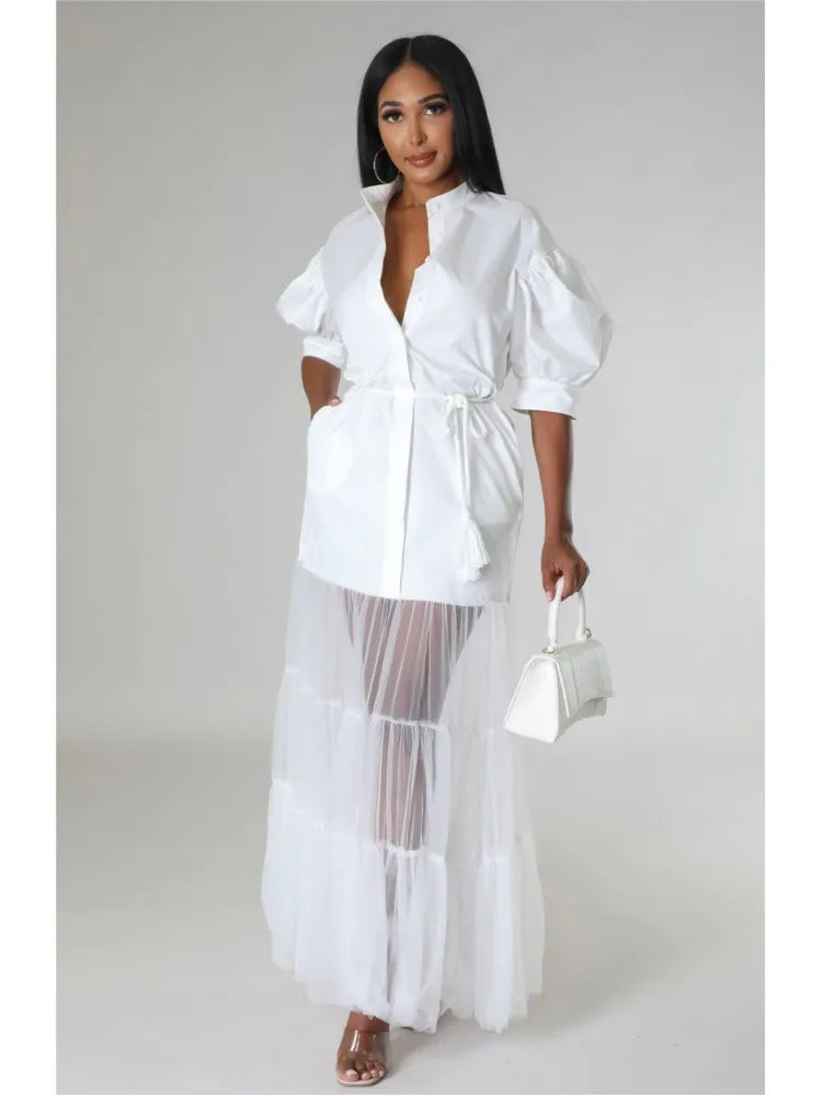 Fashionable White Lace Shirt Short Sleeve Dresses For Women'S Summer New Elegant Lace-up Pocket Lace Shirt Long Dress Female
