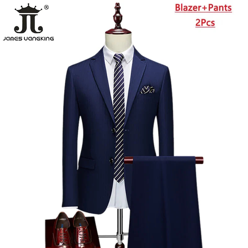 High-end Brand Classic Blue or Gray Plaid Men's Casual Business Suit Retro Official Suit Groom Wedding Dress Jacket Vest Pants