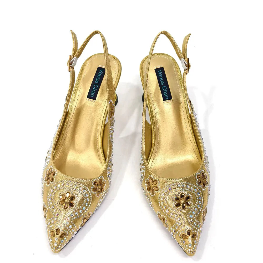 Elegant And Sexy Fuchsia Color High Heels Shoes And Bag With Rhinestone Embellished Toe Is Comfortable Women's Shoes For Party