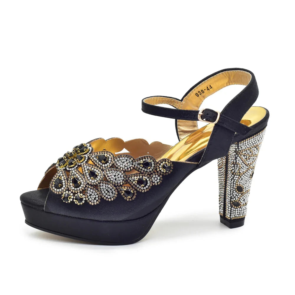 2024 Fashion Black Color High Quality Peep Toe Thin Heels Shoes Matching Bag Set for Nigerian Party Women Women Shoe Size 43