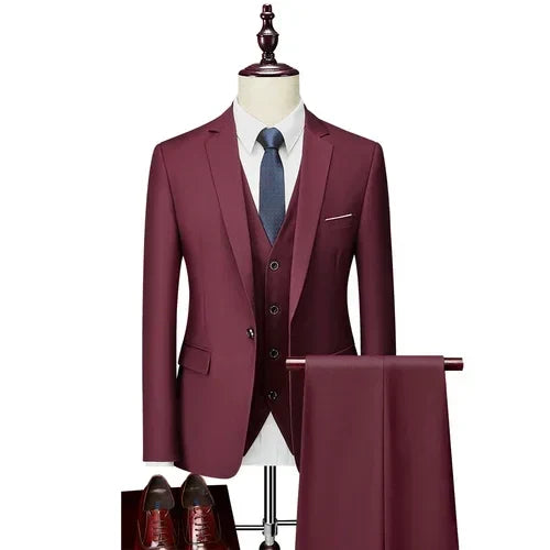 Men’s 3-Piece Slim Fit Suit Set – Blazer, Vest & Pants | Casual Business Solid Color Outfit
