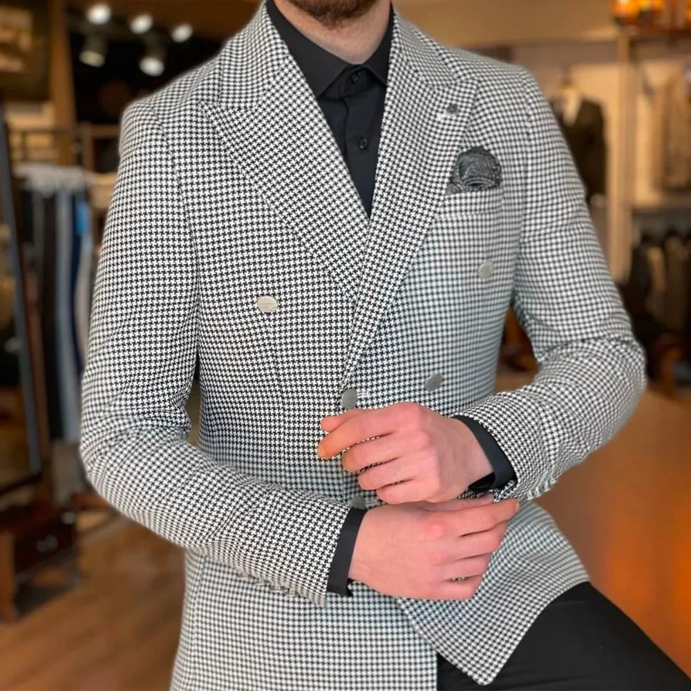Men's classy jacket in white vintage houndstooth pattern peak lapel custom daily wear for birthday wedding prom Carnaval party