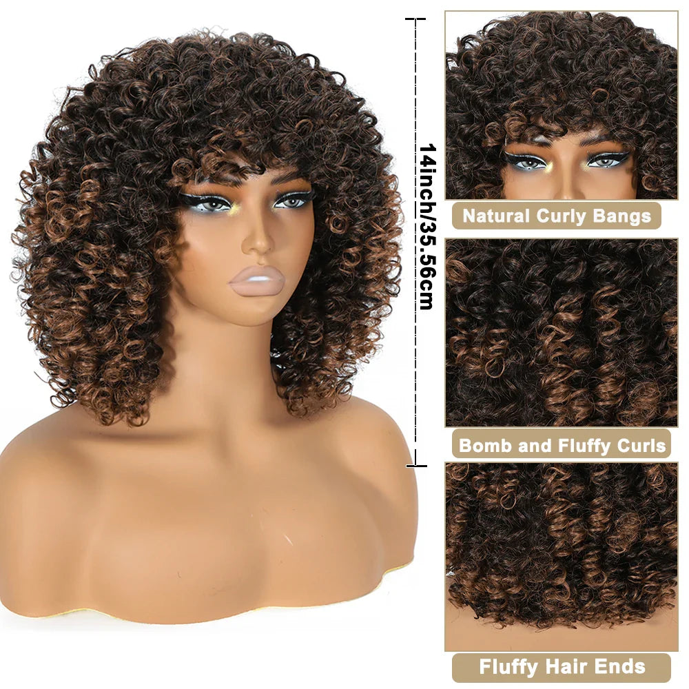 Blonde Curly Wigs for Women Short Afro Kinky Curly Wigs with Bangs Synthetic Heat Resistant Hair Replacement Wig with Wig Caps