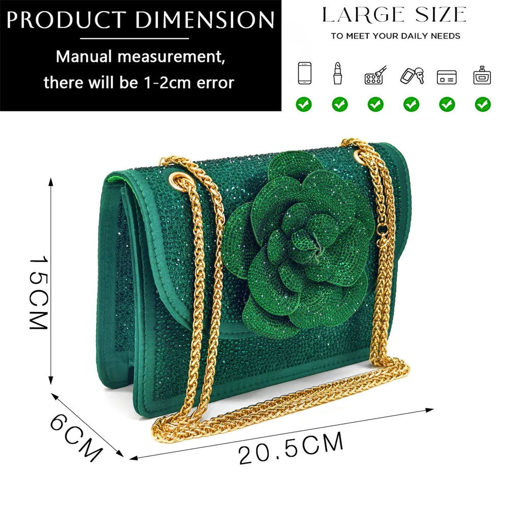 Women's Pointed-Toe Large Flower Decoration Rhinestone Low Heel Italian Shoes and Bags Set