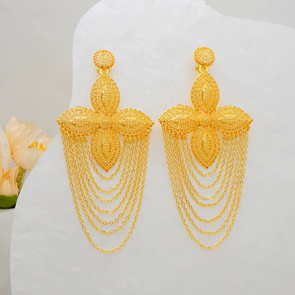 Bohemia Long Tassels Earrings African Dubai Gold Color Drop Earrings For Women Pendant Stud Earrings Wedding Jewellery Gifts
