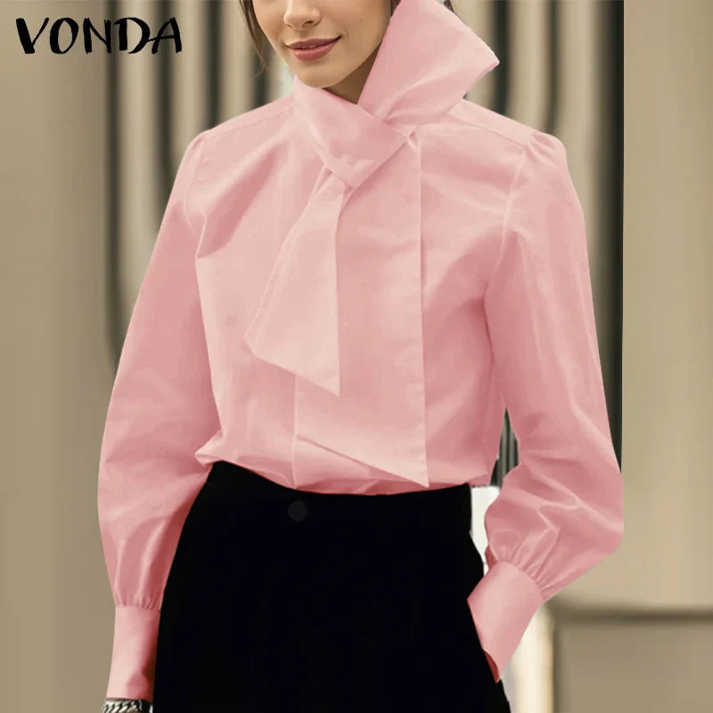 Plus Size 5XL VONDA Elegant Blouses Women Tops Streetwear Solid Color Casual Bow Collar Blusas 2024 Female Long Sleeve Shirts