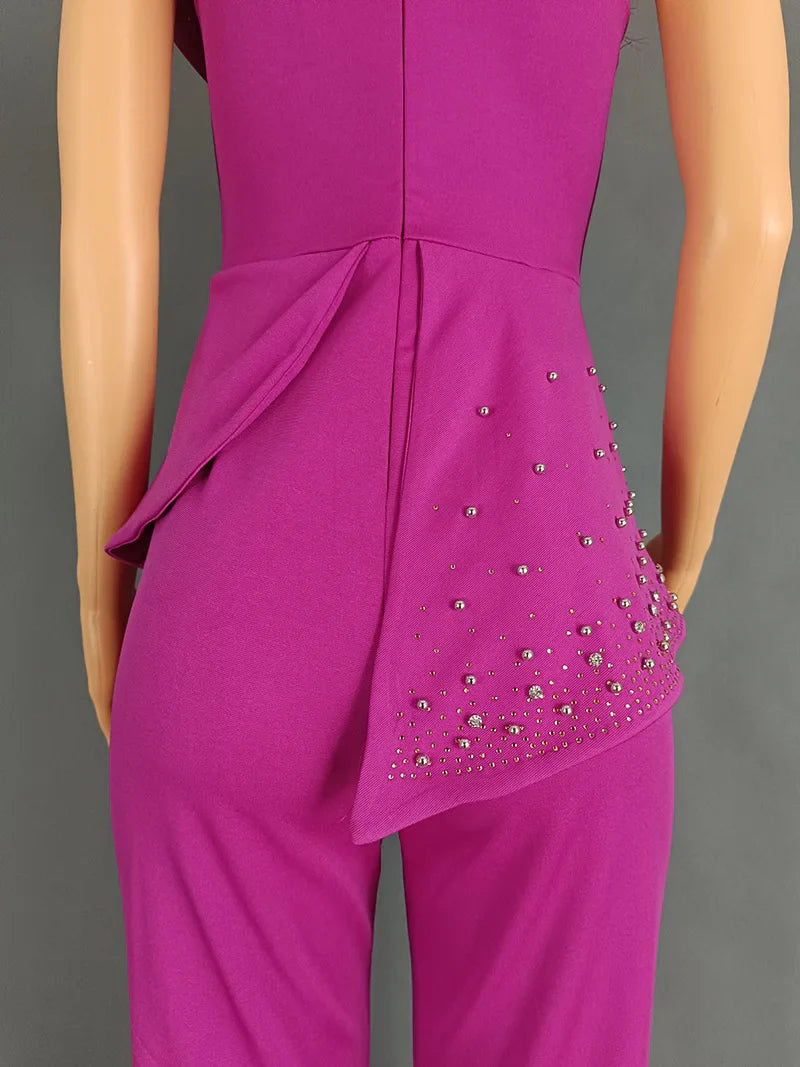 CM.YAYA Vintage Pearl Feather Sleeveless Patchwork Women Party Evening Prom Straight Jumpsuits 2024 Summer Sexy Playsuit Outfit