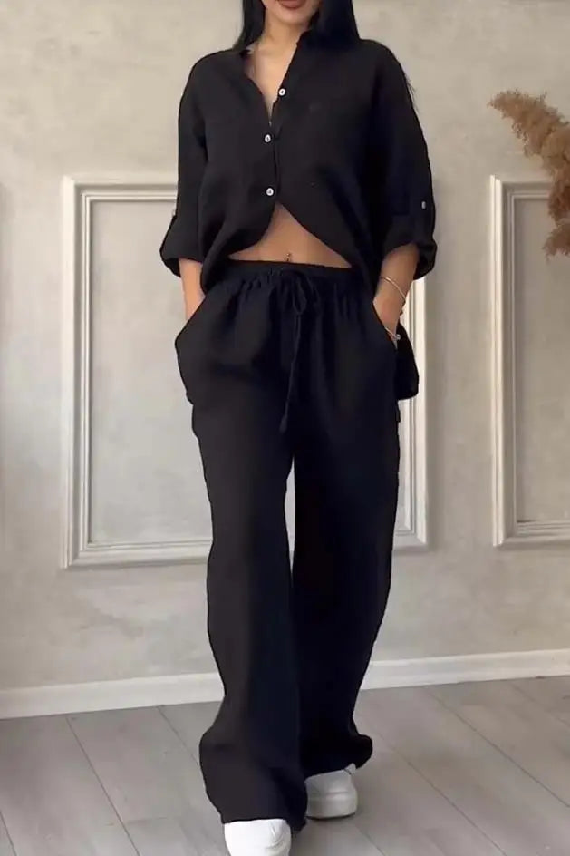 Women's Fashion Set Casual Long Sleeve Pocket Shirts + Loose Wide Leg Pants 2 Piece Set For Women Spring Autumn Women Clothes